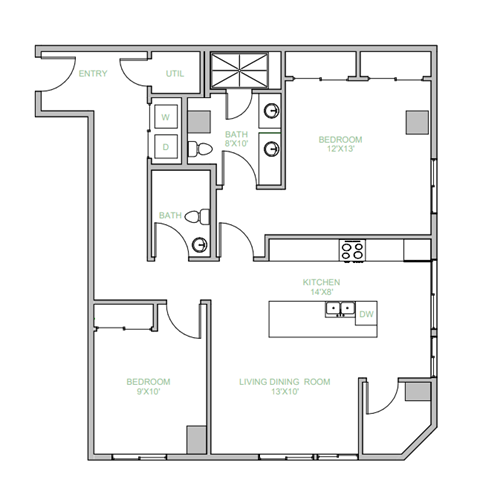 Floor plan for 1 bed, 1 bath, 620 sqft