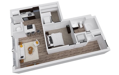 Floor plan for 1 bed, 1 bath, 687 sqft