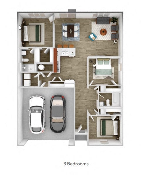 Floor plan for 3 beds, 2 baths, 1385 sqft
