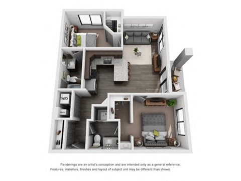 Floor plan for 2 beds, 2 baths, 836 sqft