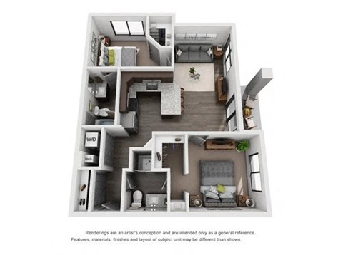 Floor plan for 2 beds, 2 baths, 833 sqft