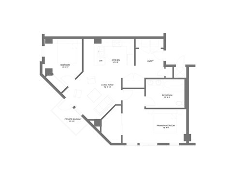 Floor plan for 2 beds, 1 bath, 994 sqft
