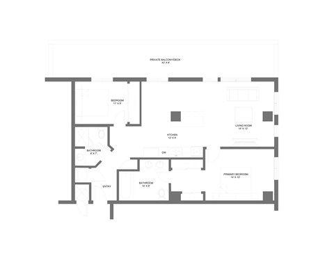 Floor plan for 2 beds, 2 baths, 1076 sqft