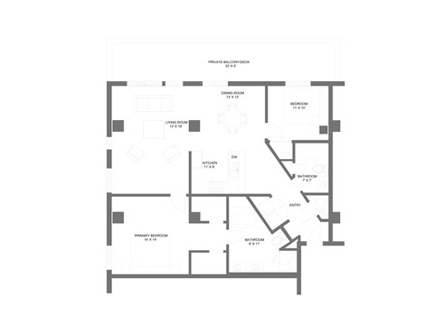 Floor plan for 2 beds, 2 baths, 1376 sqft