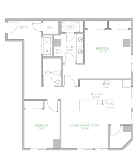 Floor plan for 2 beds, 2 baths, 1106 sqft