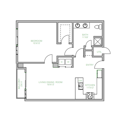 Floor plan for 1 bed, 1 bath, 1031 sqft