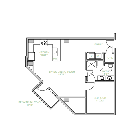 Floor plan for 1 bed, 1 bath, 851 sqft