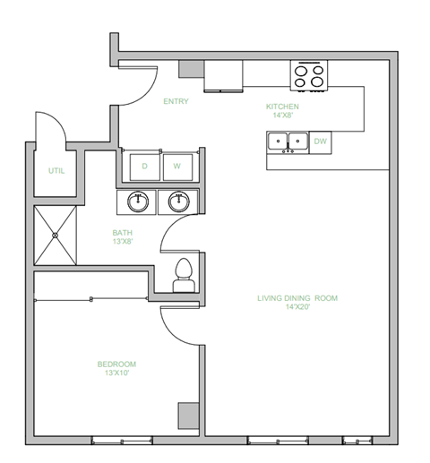 Floor plan for 1 bed, 1 bath, 817 sqft