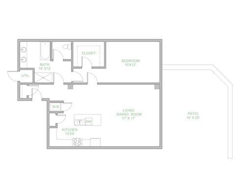 Floor plan for 1 bed, 1 bath, 1130 sqft