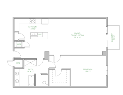 Floor plan for 1 bed, 1 bath, 1212 sqft
