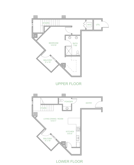Floor plan for 1 bed, 1.5 baths, 1108 sqft