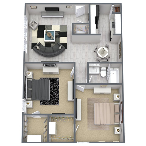 Floor plan for 2 beds, 1 bath, 940 sqft
