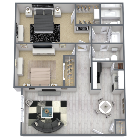 Floor plan for 2 beds, 1.5 baths, 1033 sqft