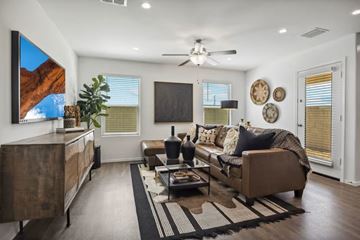 Casa Grande apartment for rent - A living room with a brown couch, a coffee table, and a painting on the wall.