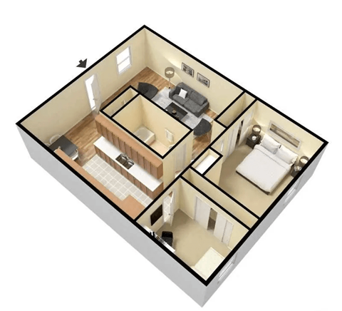 Floor plan for 2 beds, 1 bath, 750 sqft