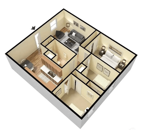 Floor plan for 3 beds, 1 bath, 950 sqft