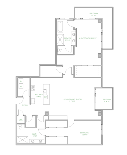 Floor plan for 2 beds, 2.5 baths, 2480 sqft
