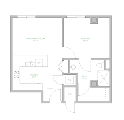 Floor plan for 1 bed, 1 bath, 548 sqft