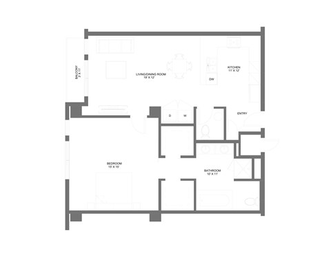 Floor plan for 1 bed, 1.5 baths, 1029 sqft