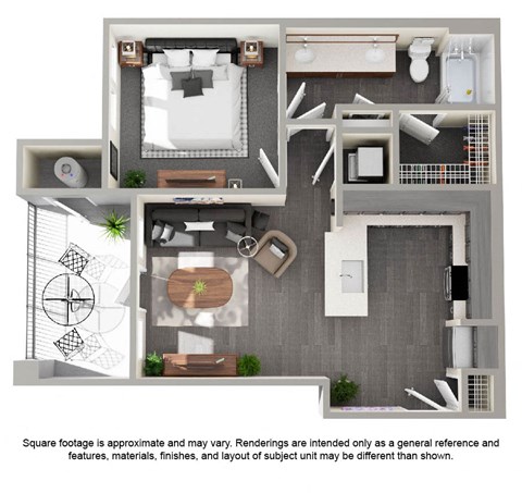 Floor plan for 1 bed, 1 bath, 728 sqft