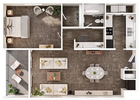 Floor plan for 1 bed, 1 bath, 649 sqft