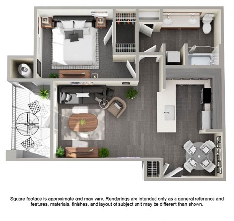 Floor plan for 1 bed, 1 bath, 729 sqft
