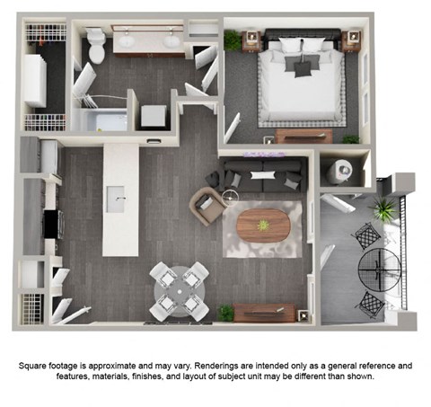 Floor plan for 1 bed, 1 bath, 752 sqft