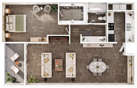 Floor plan for 1 bed, 1 bath, 767 sqft