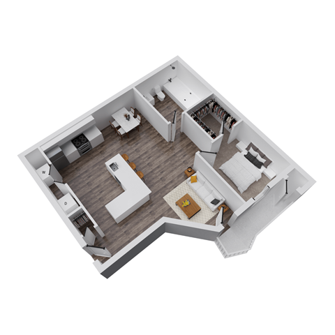 Floor plan for 1 bed, 1 bath, 878 sqft