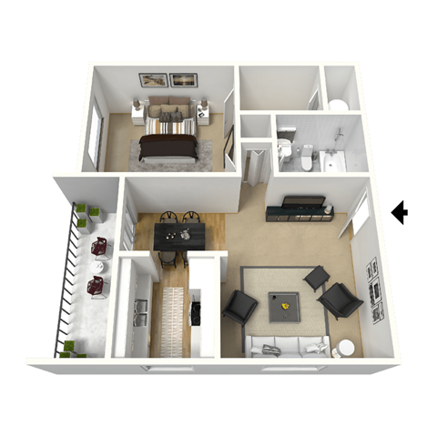 Floor plan for 1 bed, 1 bath, 640 sqft