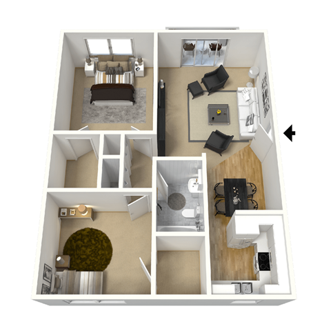 Floor plan for 2 beds, 1 bath, 840 sqft