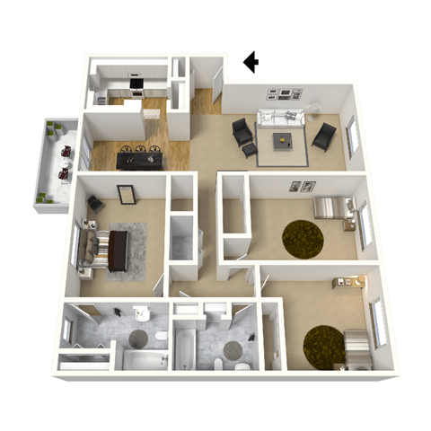 Floor plan for 3 beds, 2 baths, 1243 sqft