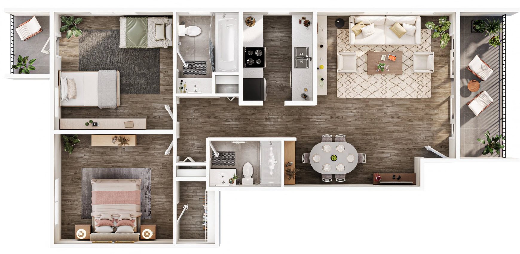 Floor plan for 2 beds, 2 baths, 900 sqft