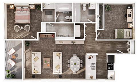 Floor plan for 2 beds, 2 baths, 910 sqft