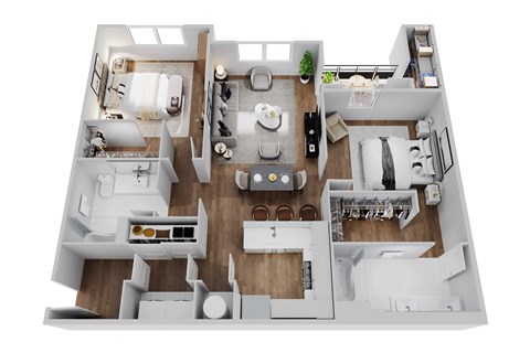 Floor plan for 2 beds, 2 baths, 1097 sqft
