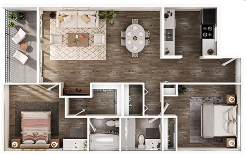 Floor plan for 2 beds, 2 baths, 932 sqft
