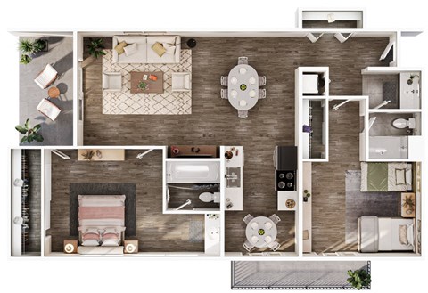 Floor plan for 2 beds, 2 baths, 1038 sqft