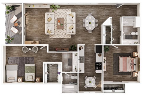 Floor plan for 2 beds, 2 baths, 1040 sqft