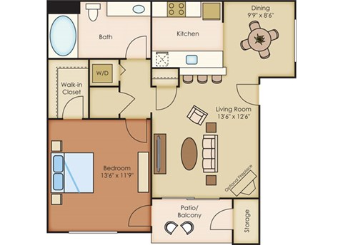 Floor plan for 1 bed, 1 bath, 700 sqft
