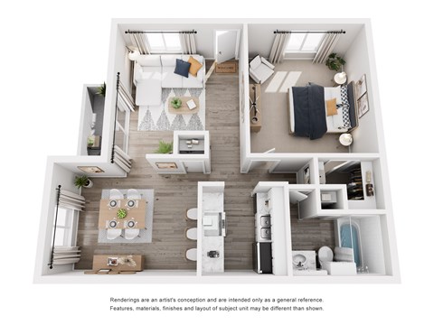 Floor plan for 1 bed, 1 bath, 690 sqft