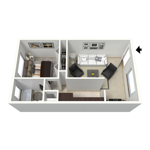 Floor plan for 1 bed, 1 bath, 464 sqft