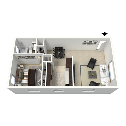 Floor plan for 1 bed, 1 bath, 500 sqft