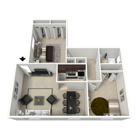 Floor plan for 2 beds, 1 bath, 836 sqft