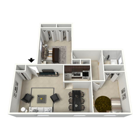 Floor plan for 2 beds, 1 bath, 856 sqft