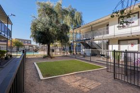 Phoenix apartment for rent - A small grassy area in front of a building with a fence around it.
