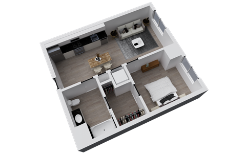 Floor plan for 1 bed, 1 bath, 633 sqft