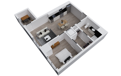 Floor plan for 1 bed, 1 bath, 743 sqft
