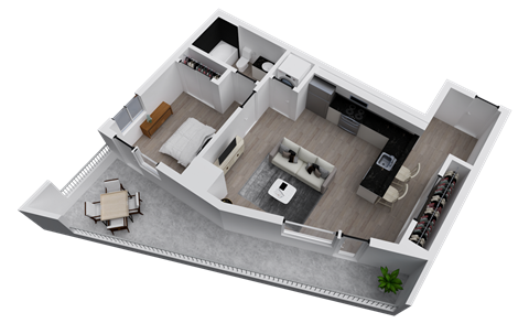 Floor plan for 1 bed, 1 bath, 670 sqft