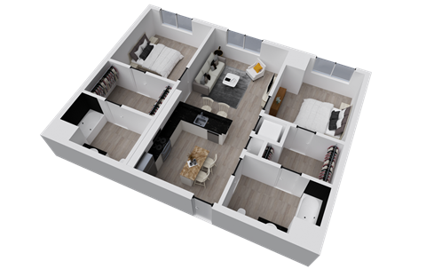 Floor plan for 2 beds, 2 baths, 973 sqft