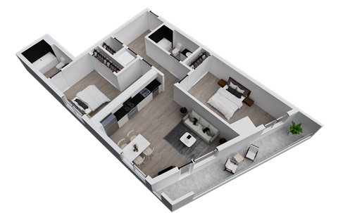 Floor plan for 2 beds, 2 baths, 949 sqft